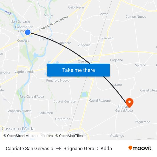 Capriate San Gervasio to Brignano Gera D' Adda map