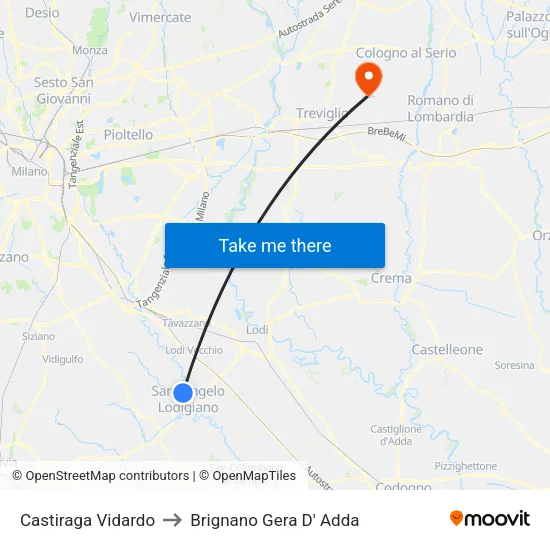 Castiraga Vidardo to Brignano Gera D' Adda map