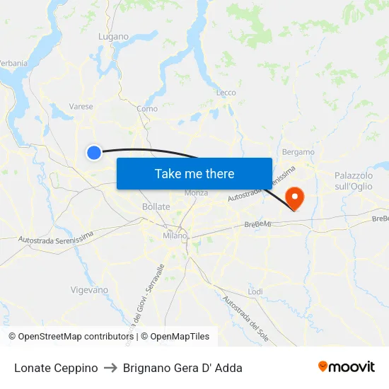 Lonate Ceppino to Brignano Gera D' Adda map