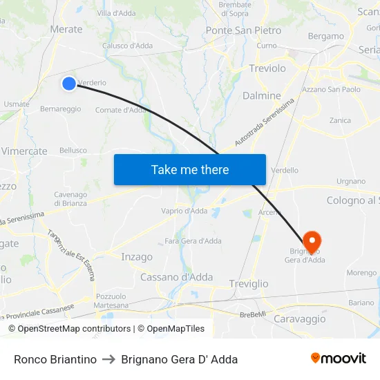 Ronco Briantino to Brignano Gera D' Adda map