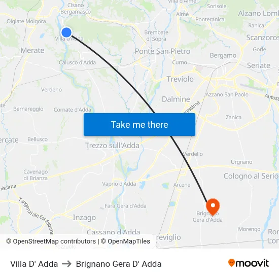 Villa D' Adda to Brignano Gera d'Adda map