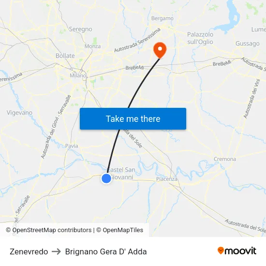 Zenevredo to Brignano Gera D' Adda map