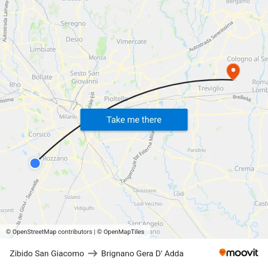 Zibido San Giacomo to Brignano Gera D' Adda map
