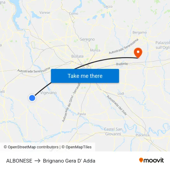 Albonese to Brignano Gera d'Adda map