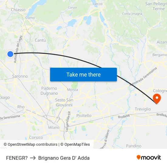 Fenegro to Brignano Gera d'Adda map