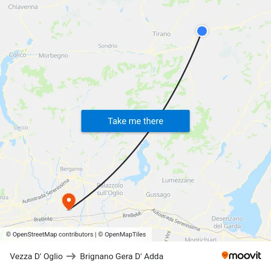 Vezza D' Oglio to Brignano Gera D' Adda map