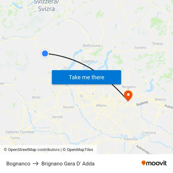 Bognanco to Brignano Gera D' Adda map
