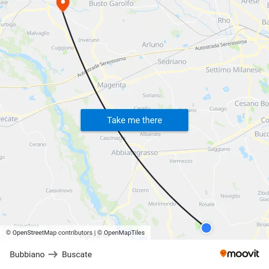 Bubbiano to Buscate map