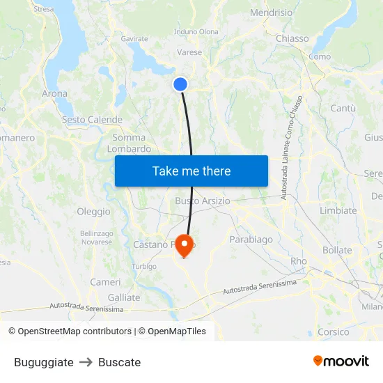 Buguggiate to Buscate map