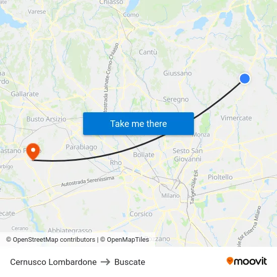 Cernusco Lombardone to Buscate map