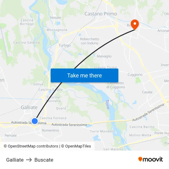 Galliate to Buscate map