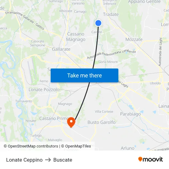 Lonate Ceppino to Buscate map