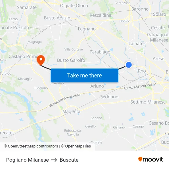 Pogliano Milanese to Buscate map