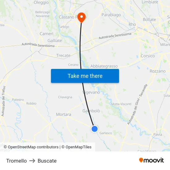 Tromello to Buscate map