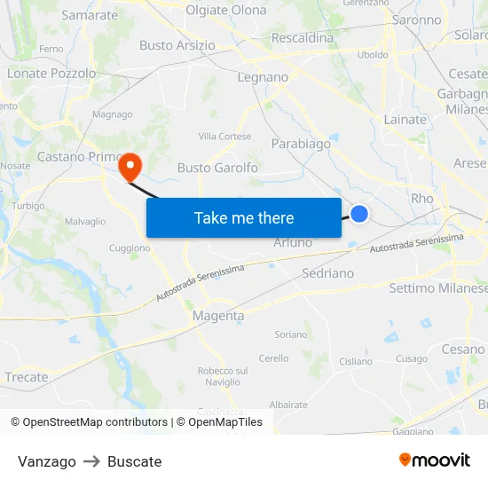 Vanzago to Buscate map