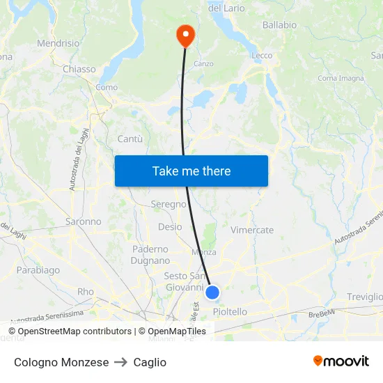 Cologno Monzese to Caglio map