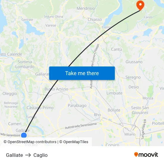 Galliate to Caglio map