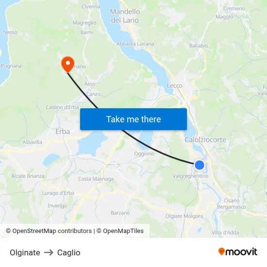 Olginate to Caglio map