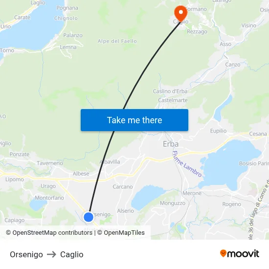 Orsenigo to Caglio map