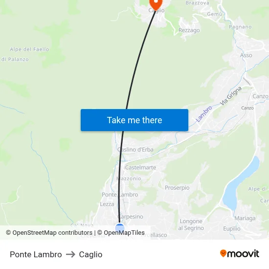 Ponte Lambro to Caglio map