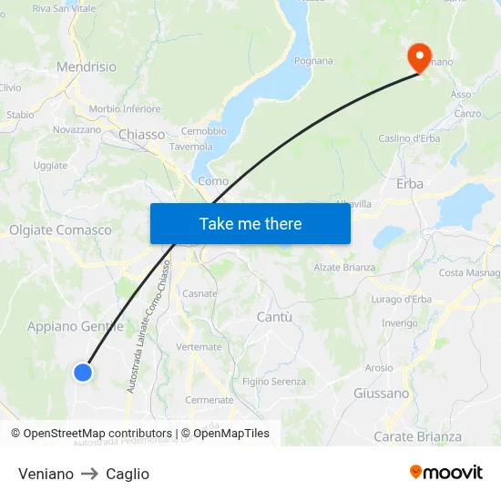 Veniano to Caglio map