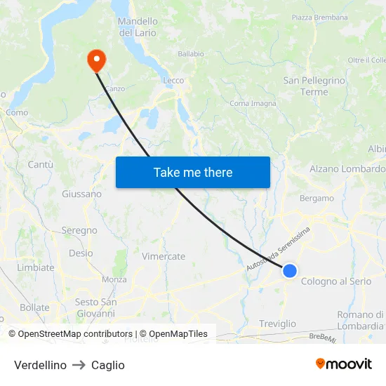 Verdellino to Caglio map