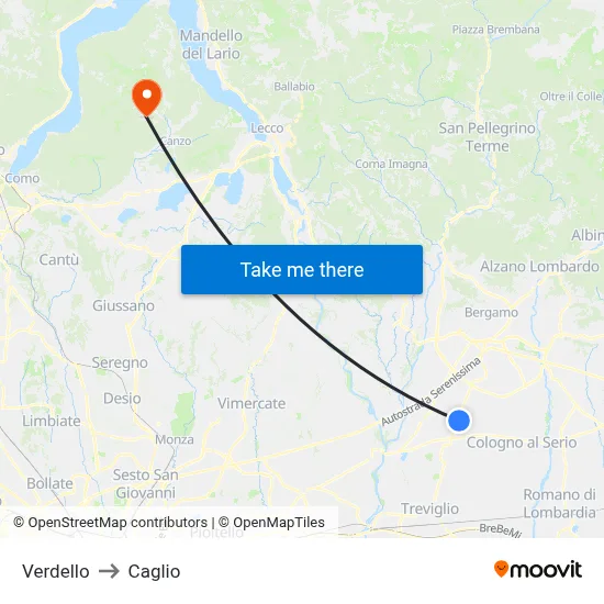 Verdello to Caglio map