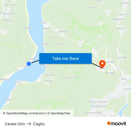 Carate Urio to Caglio map