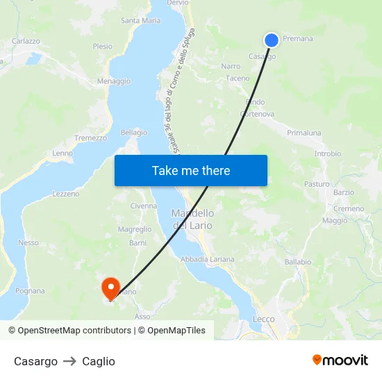 Casargo to Caglio map