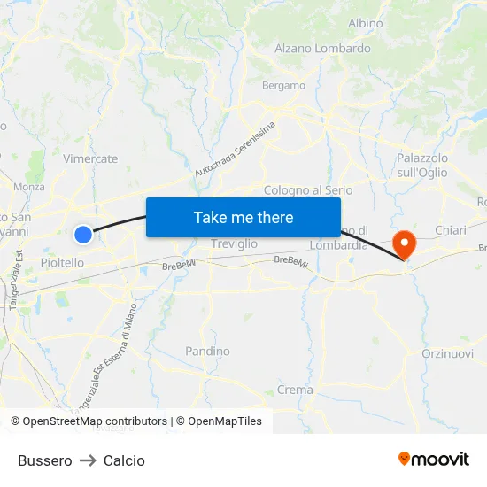 Bussero to Calcio map