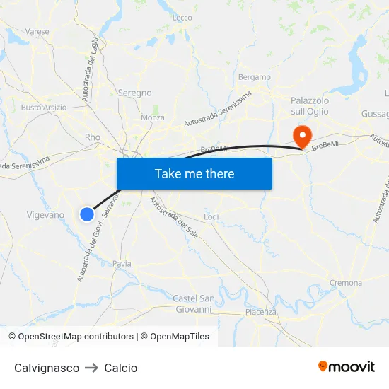 Calvignasco to Calcio map