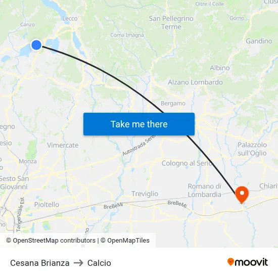 Cesana Brianza to Calcio map