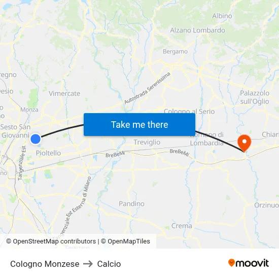 Cologno Monzese to Calcio map