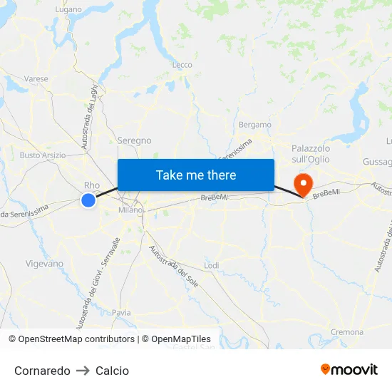 Cornaredo to Calcio map