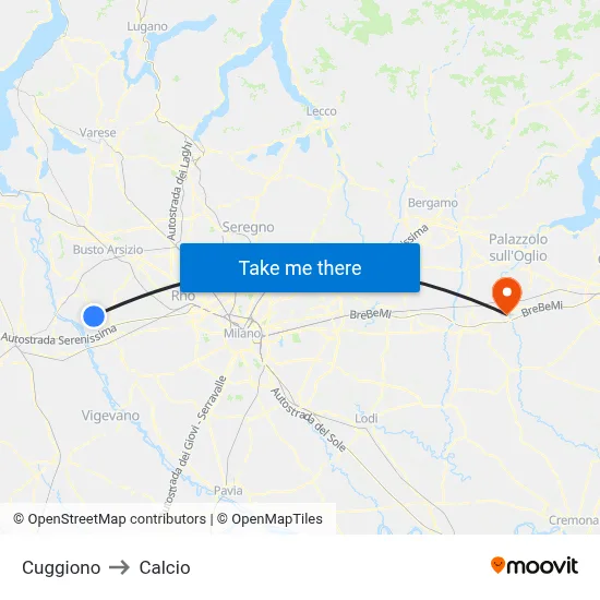 Cuggiono to Calcio map