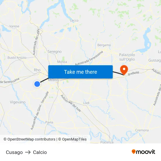 Cusago to Calcio map