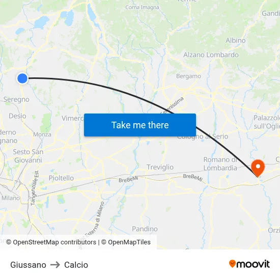 Giussano to Calcio map
