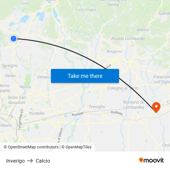 Inverigo to Calcio map