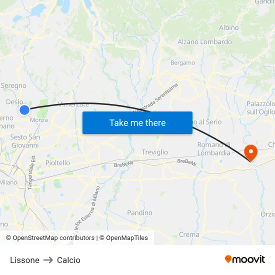 Lissone to Calcio map