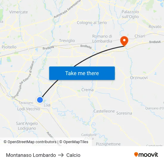 Montanaso Lombardo to Calcio map