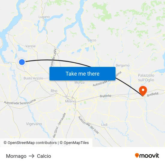 Mornago to Calcio map