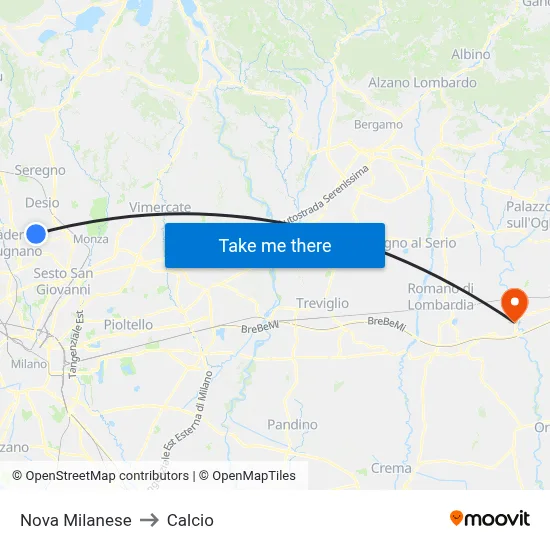 Nova Milanese to Calcio map