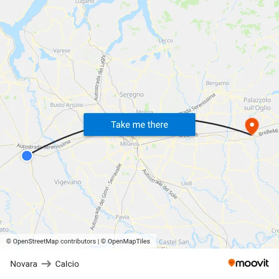 Novara to Calcio map
