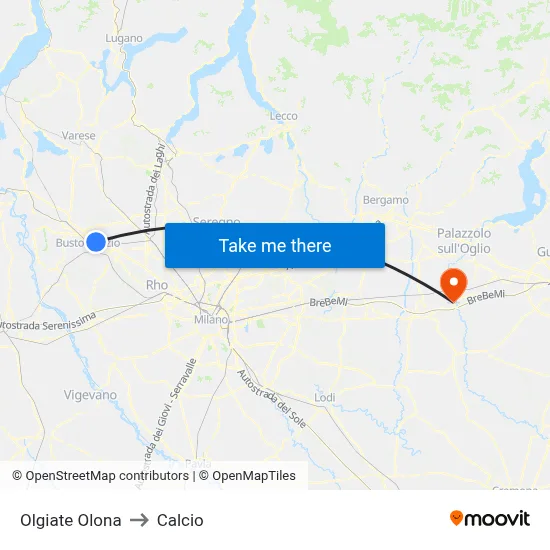 Olgiate Olona to Calcio map