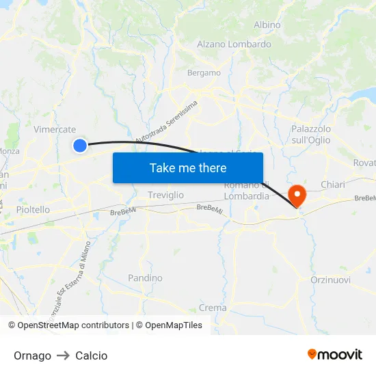 Ornago to Calcio map