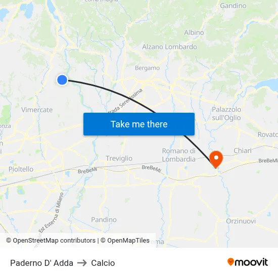 Paderno D'Adda to Calcio map