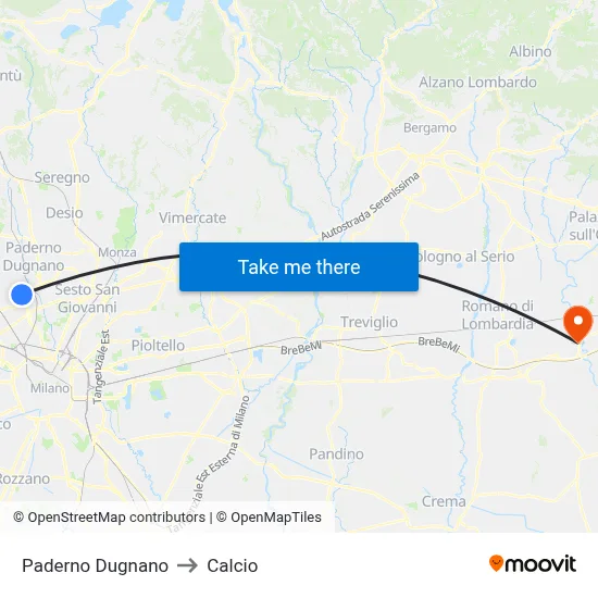 Paderno Dugnano to Calcio map