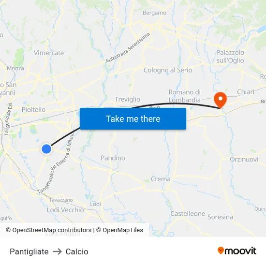 Pantigliate to Calcio map