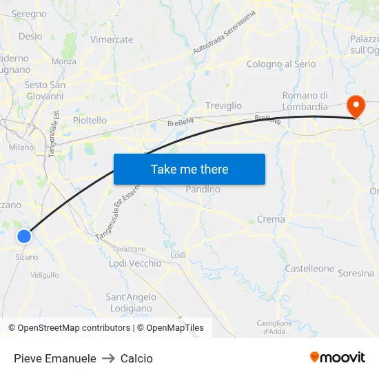 Pieve Emanuele to Calcio map