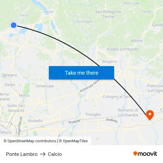 Ponte Lambro to Calcio map
